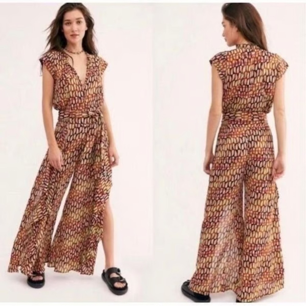 Free People FP One | Green Printed Sahara Jumpsuit Hand Painted Split Leg Small